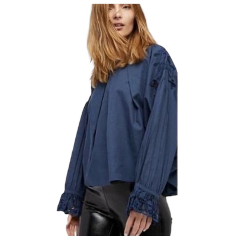 Free People Graphite Blue Wishing Well Oversized Dolman Sleeve Blouse Size XS